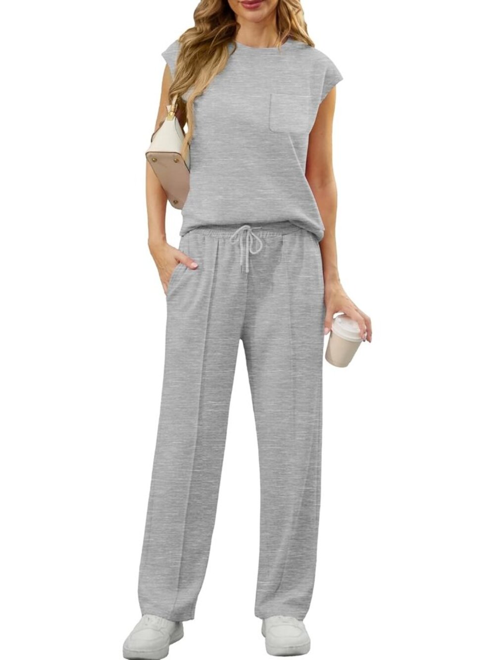 Women's Light Grey 2 Piece Sets Summer Outfits Sleeveless Wide Leg Tracksuits